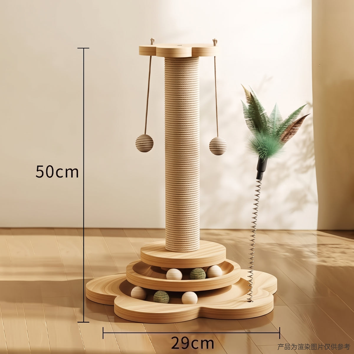 4-in-1 Wooden Cat Scratching Post & Interactive Track Play Tower
