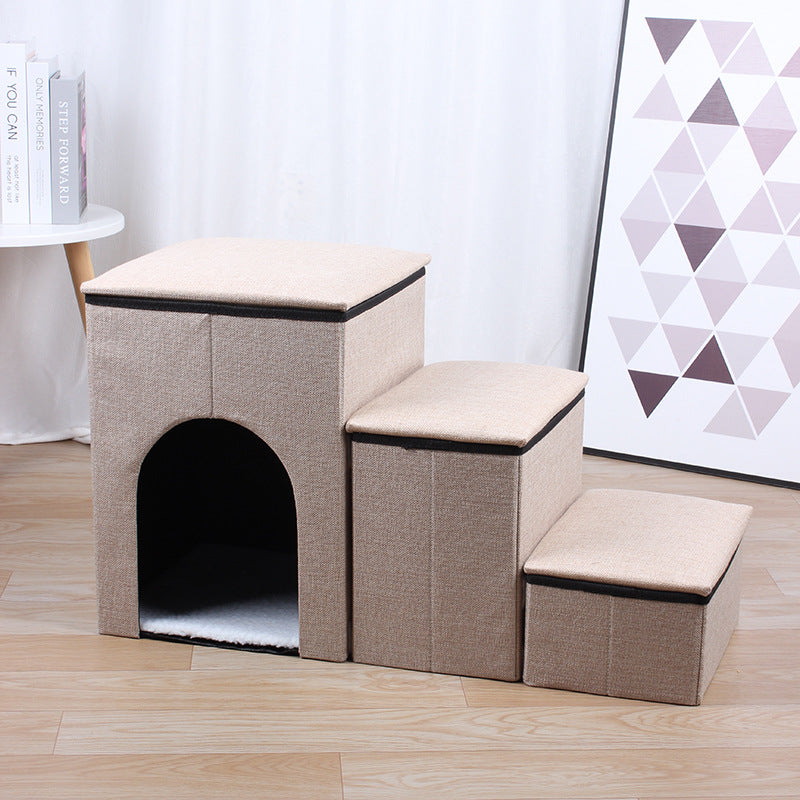 3-Step Foldable Pet Stairs with Built-in Condo & Storage