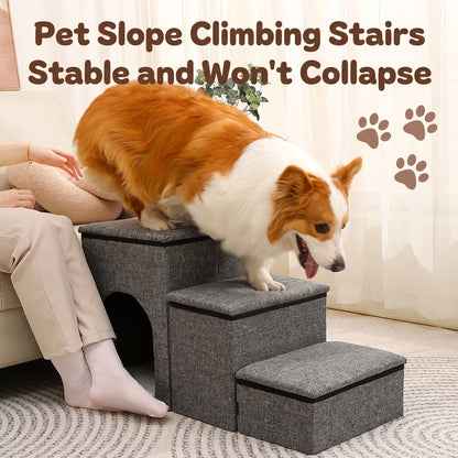 3-Step Foldable Pet Stairs with Built-in Condo & Storage