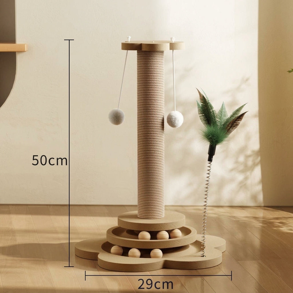 4-in-1 Wooden Cat Scratching Post & Interactive Track Play Tower