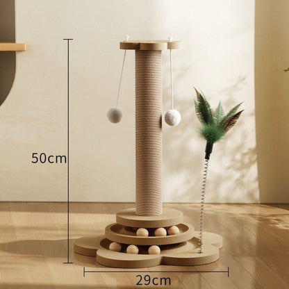 4-in-1 Wooden Cat Scratching Post & Interactive Track Play Tower