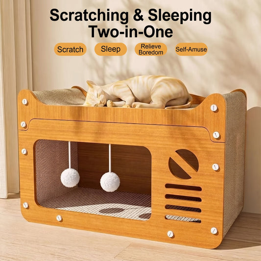 Retro TV Wooden Cat House & Scratching Lounge