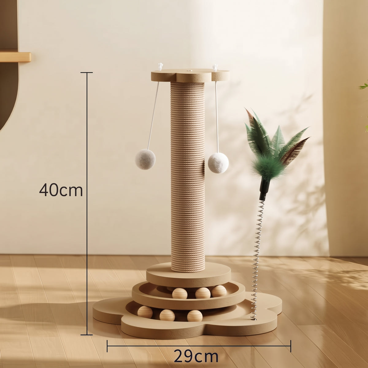 4-in-1 Wooden Cat Scratching Post & Interactive Track Play Tower