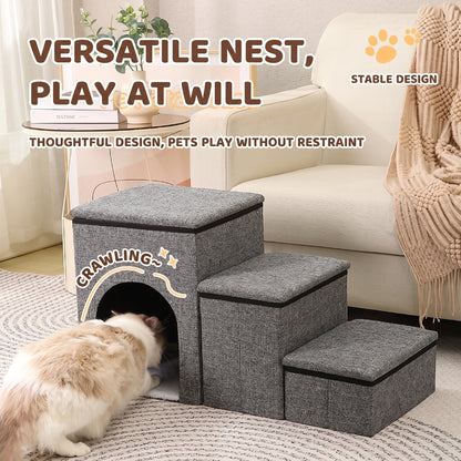 3-Step Foldable Pet Stairs with Built-in Condo & Storage