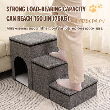 3-Step Foldable Pet Stairs with Built-in Condo & Storage