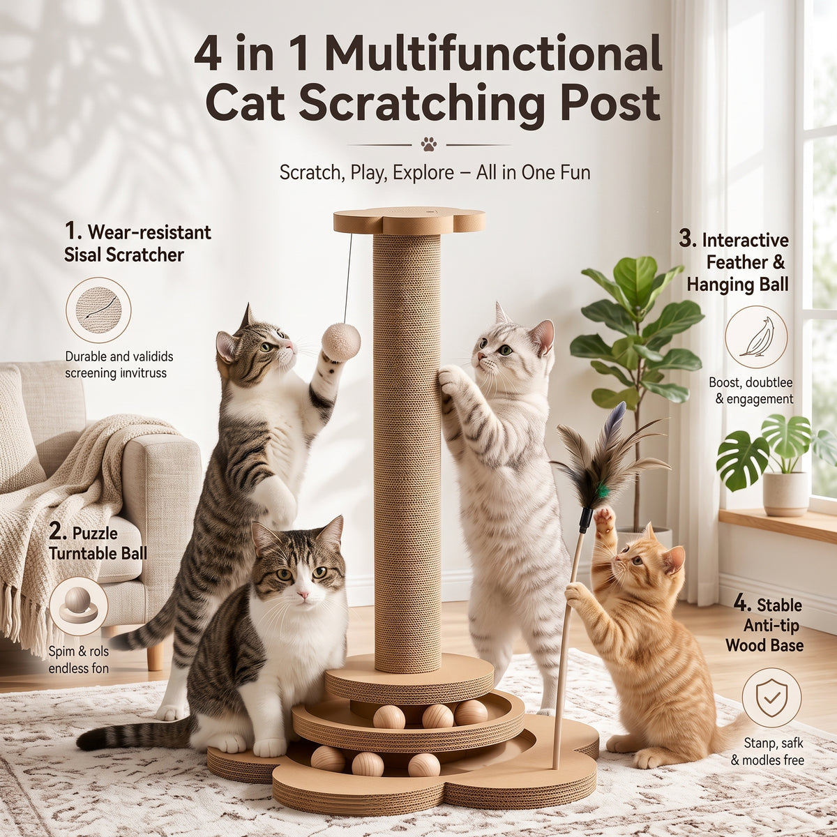 4-in-1 Wooden Cat Scratching Post & Interactive Track Play Tower