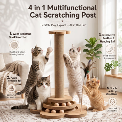4-in-1 Wooden Cat Scratching Post & Interactive Track Play Tower