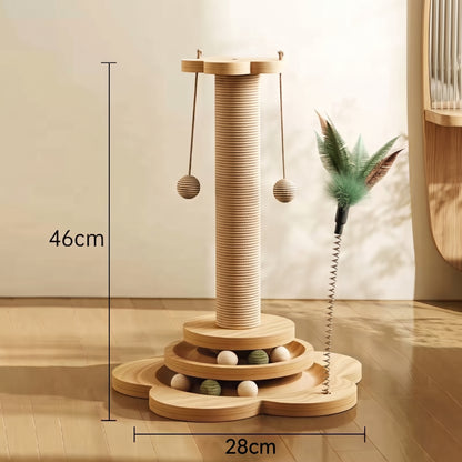 4-in-1 Wooden Cat Scratching Post & Interactive Track Play Tower