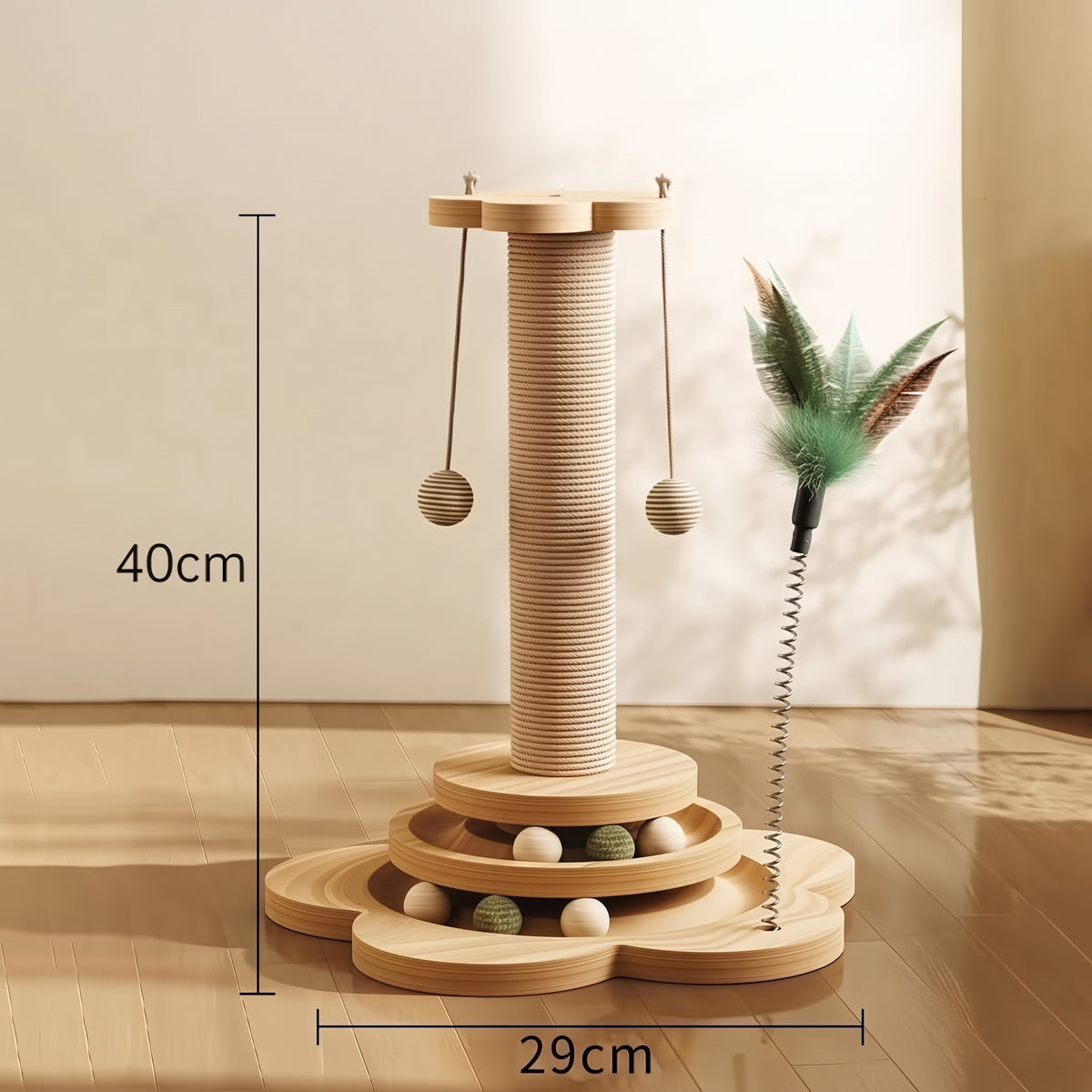4-in-1 Wooden Cat Scratching Post & Interactive Track Play Tower