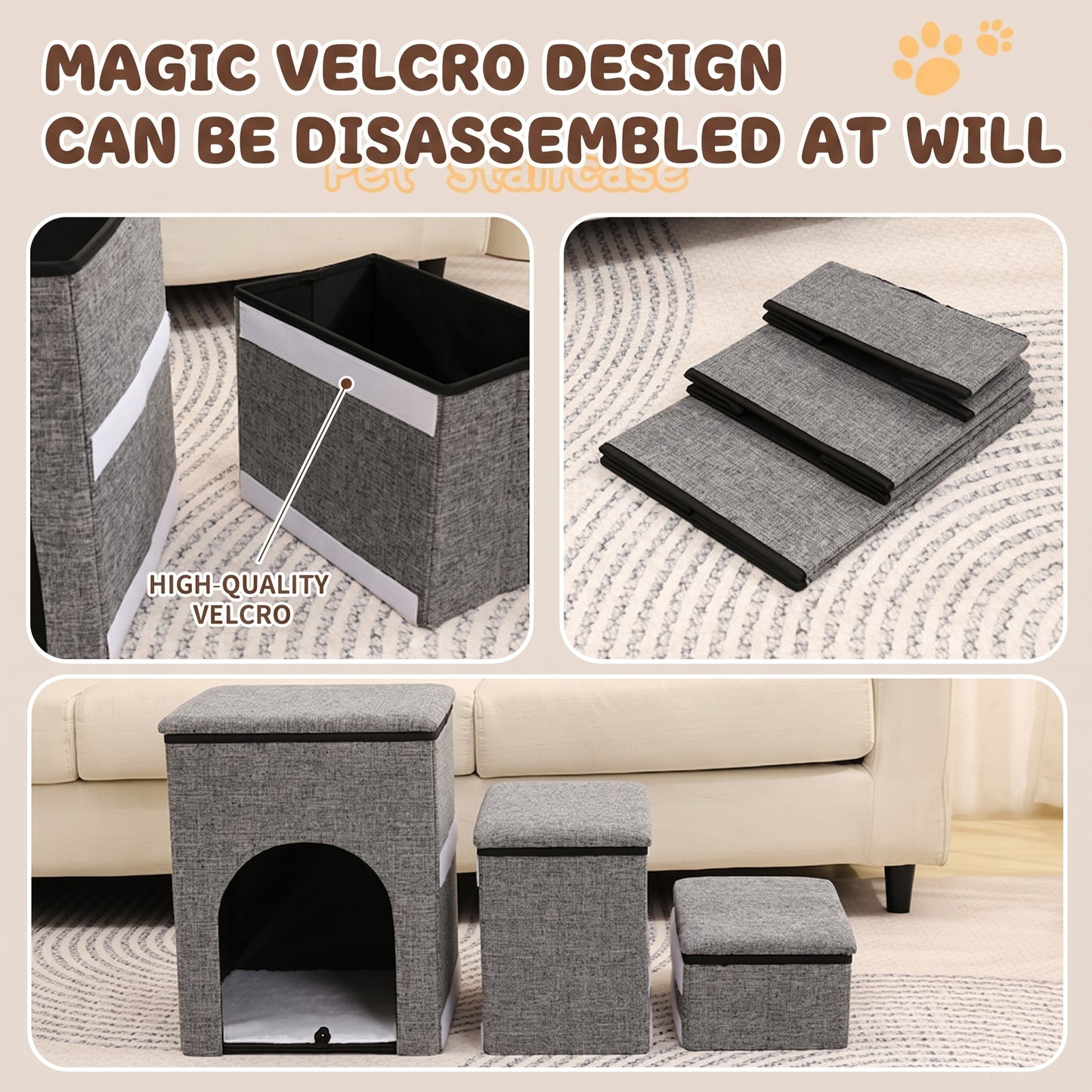 3-Step Foldable Pet Stairs with Built-in Condo & Storage
