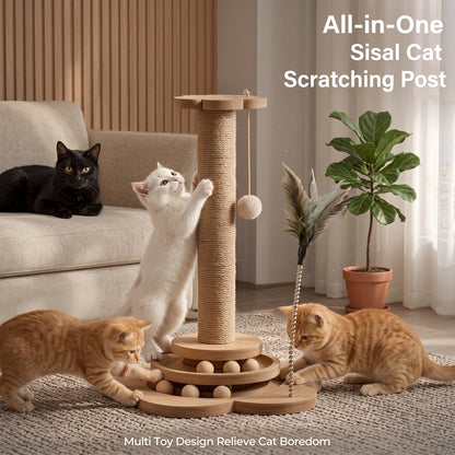 4-in-1 Wooden Cat Scratching Post & Interactive Track Play Tower