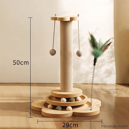 4-in-1 Wooden Cat Scratching Post & Interactive Track Play Tower