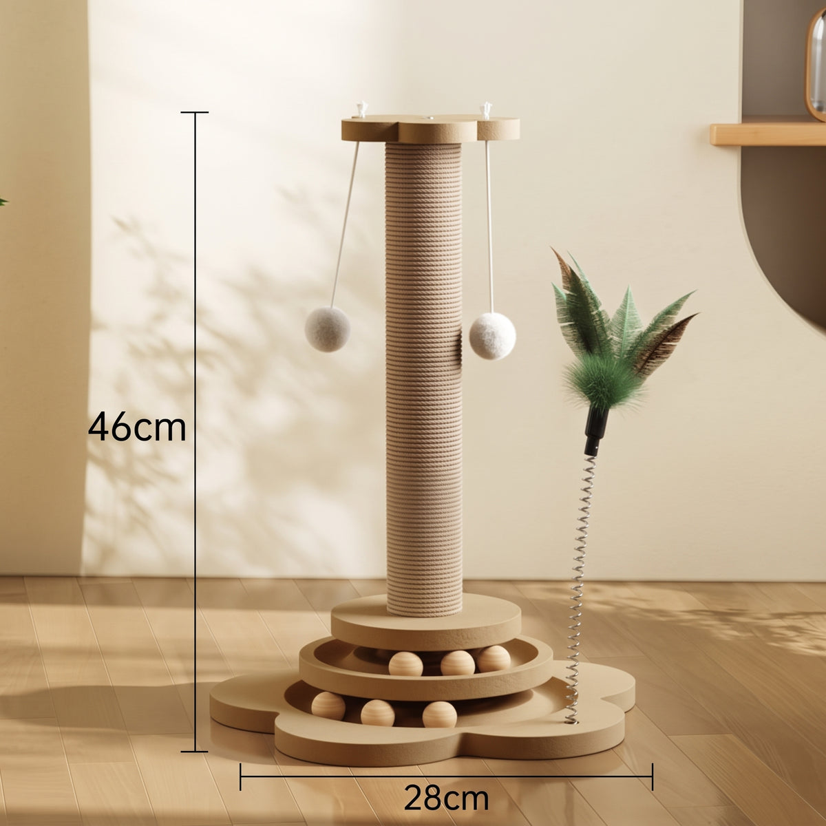4-in-1 Wooden Cat Scratching Post & Interactive Track Play Tower