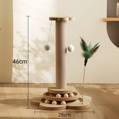 4-in-1 Wooden Cat Scratching Post & Interactive Track Play Tower