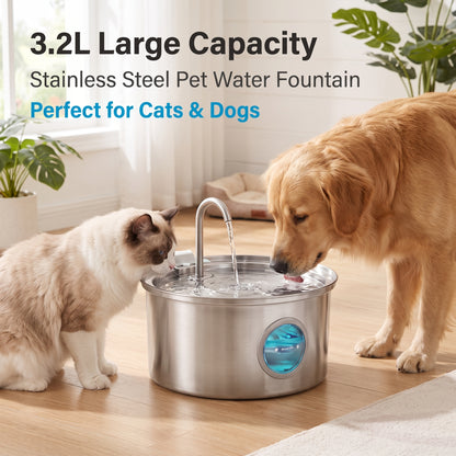 PureFlow Stainless Steel Pet Water Fountain – 3.2L Ultra-Quiet Dispenser