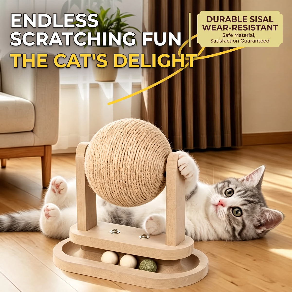 PetzSpin 2-in-1 Wooden Cat Scratching Ball & Track Toy