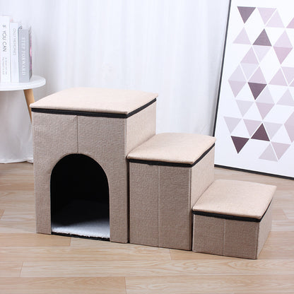 3-Step Foldable Pet Stairs with Built-in Condo & Storage