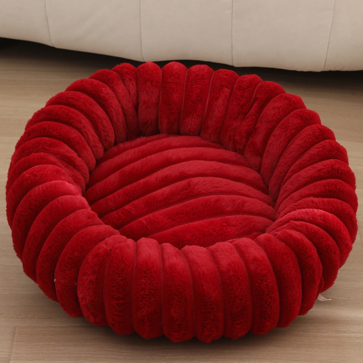 PetzCloud Fluted Velvet Donut Pet Bed | Ribbed Calming Nest