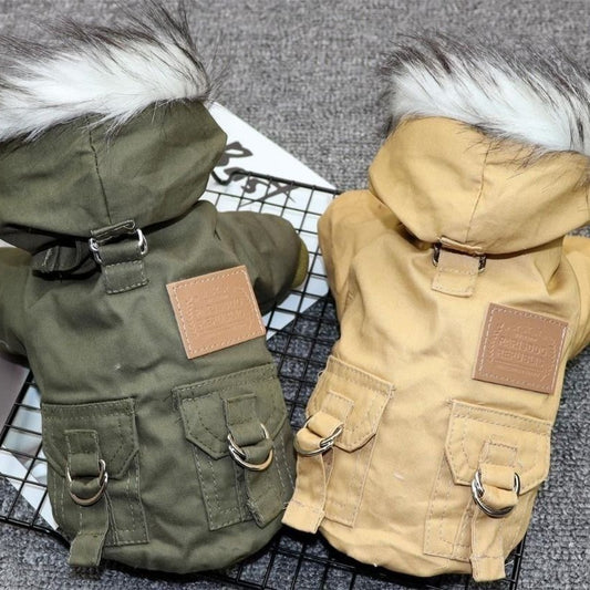 Cargo Winter Dog Jacket with Fur Hood