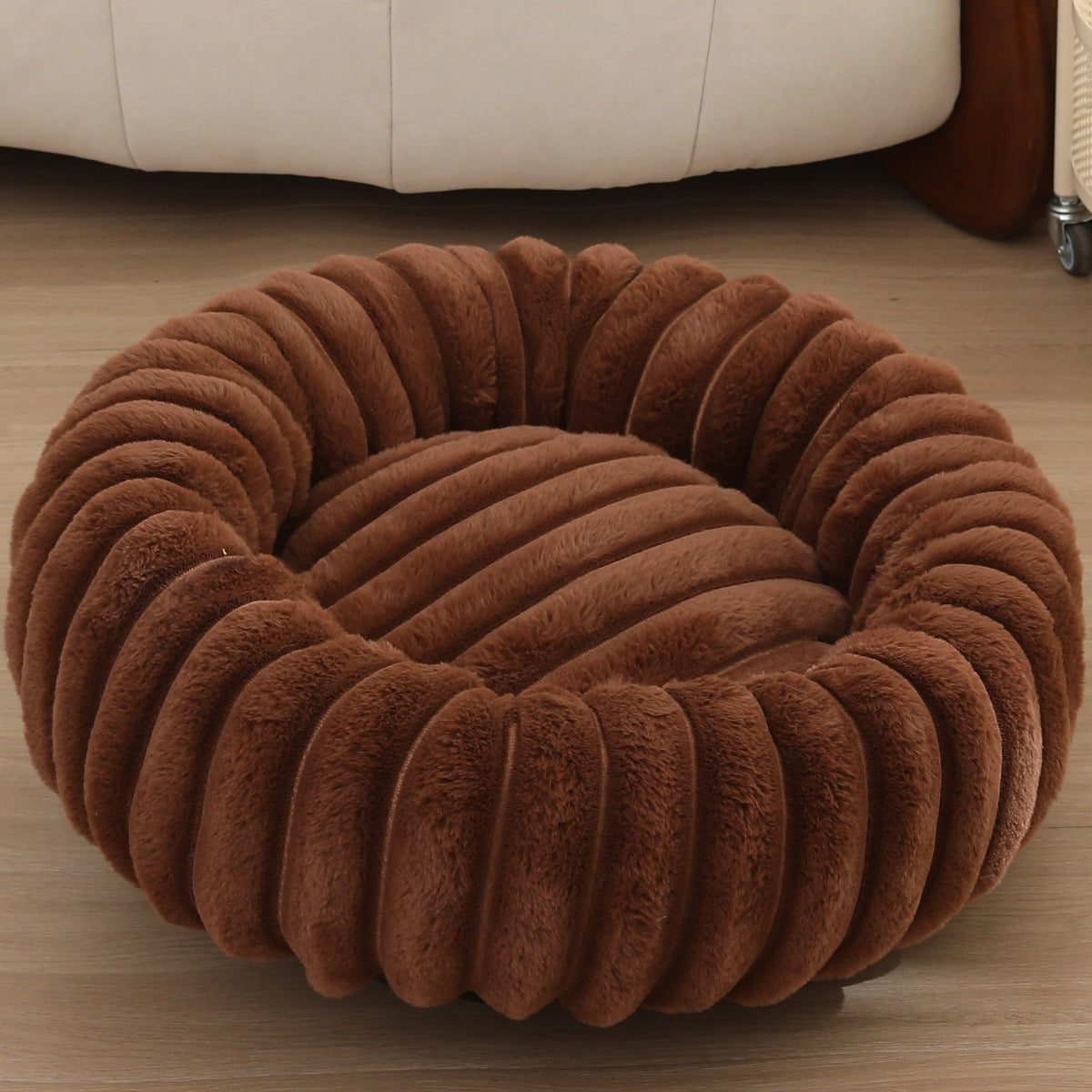 PetzCloud Fluted Velvet Donut Pet Bed | Ribbed Calming Nest