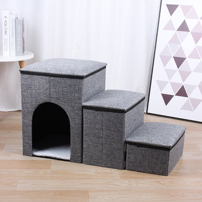 3-Step Foldable Pet Stairs with Built-in Condo & Storage