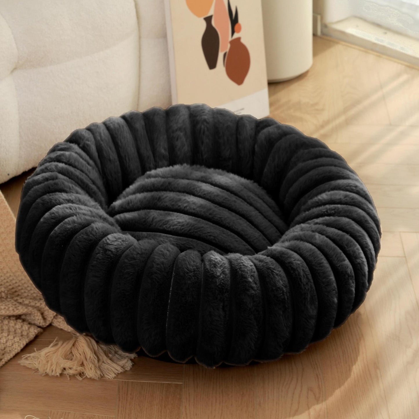 PetzCloud Fluted Velvet Donut Pet Bed | Ribbed Calming Nest