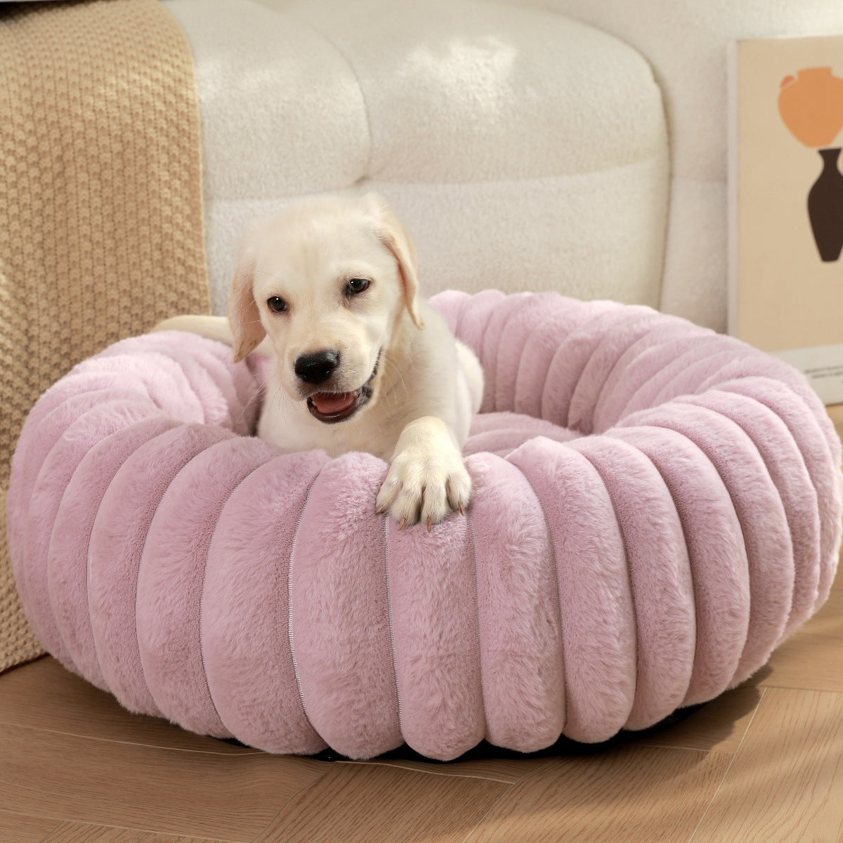 PetzCloud Fluted Velvet Donut Pet Bed | Ribbed Calming Nest