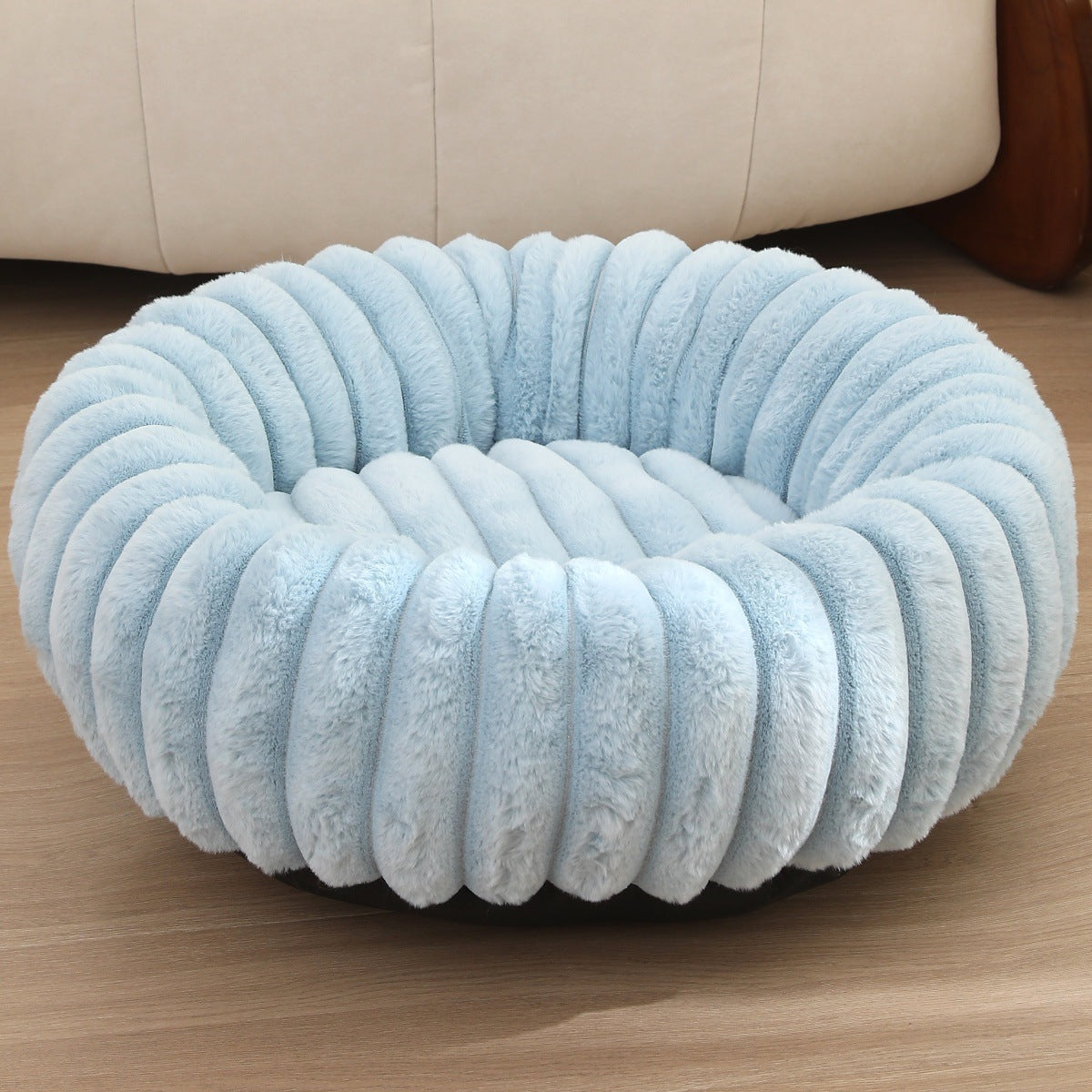 PetzCloud Fluted Velvet Donut Pet Bed | Ribbed Calming Nest
