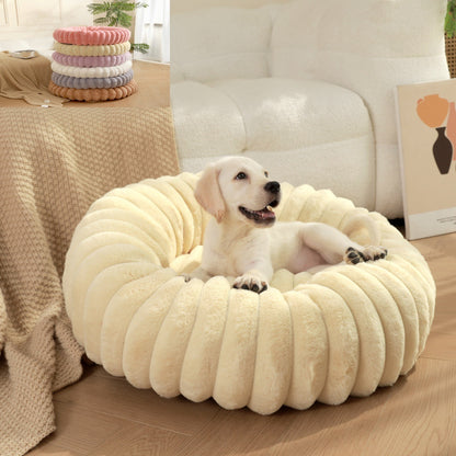 PetzCloud Fluted Velvet Donut Pet Bed | Ribbed Calming Nest