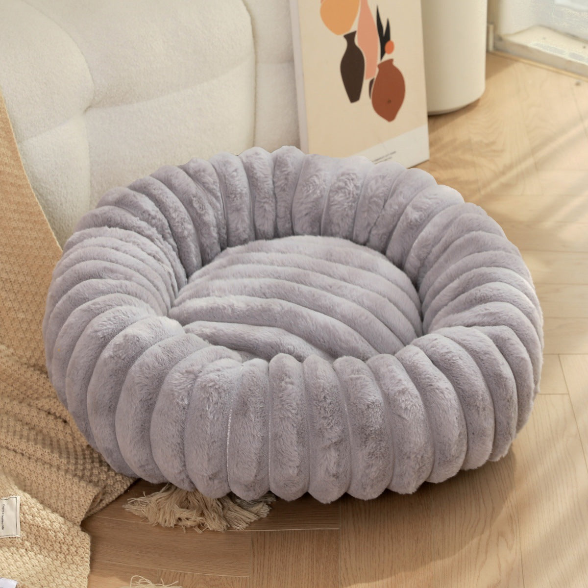 PetzCloud Fluted Velvet Donut Pet Bed | Ribbed Calming Nest