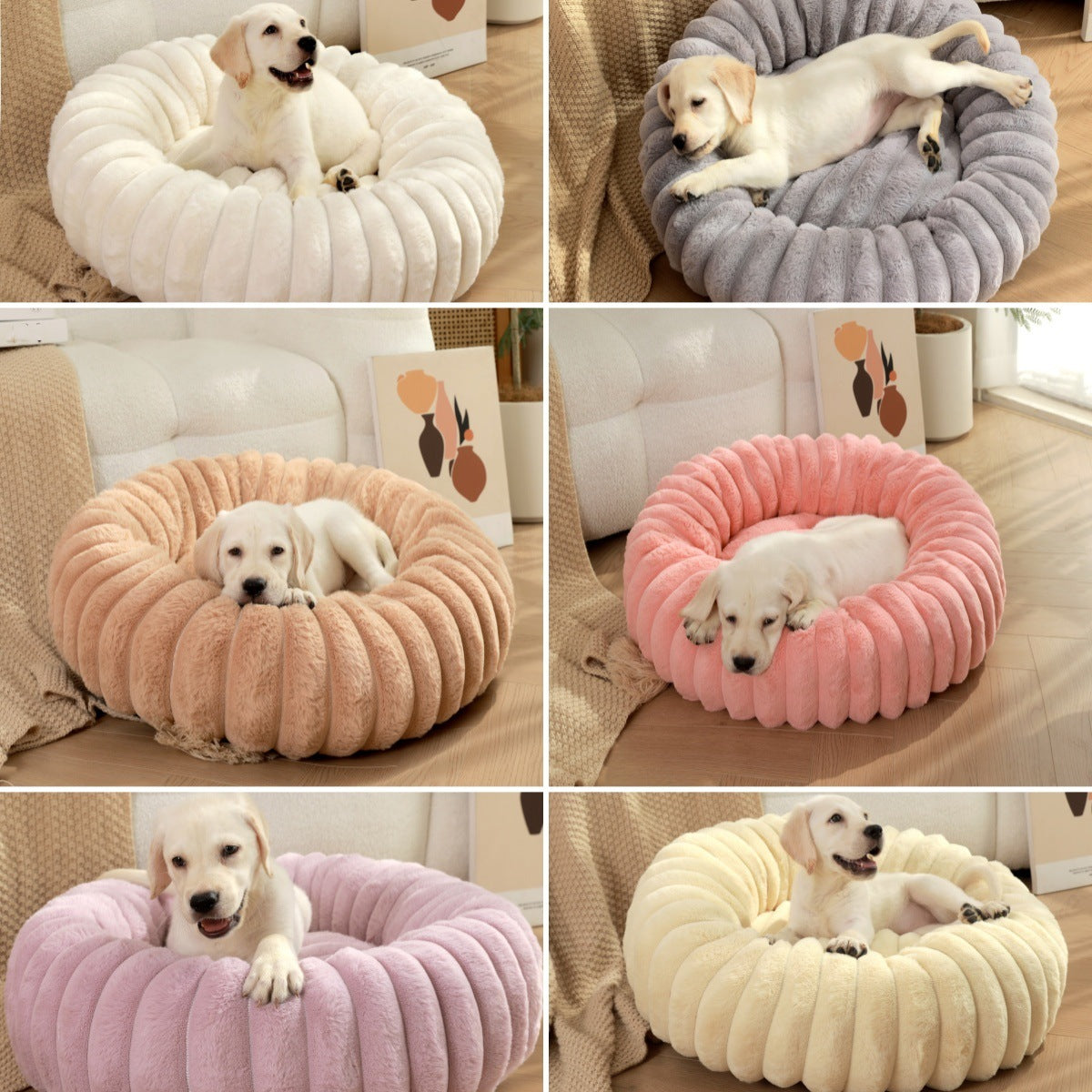 PetzCloud Fluted Velvet Donut Pet Bed | Ribbed Calming Nest