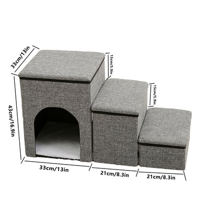 3-Step Foldable Pet Stairs with Built-in Condo & Storage