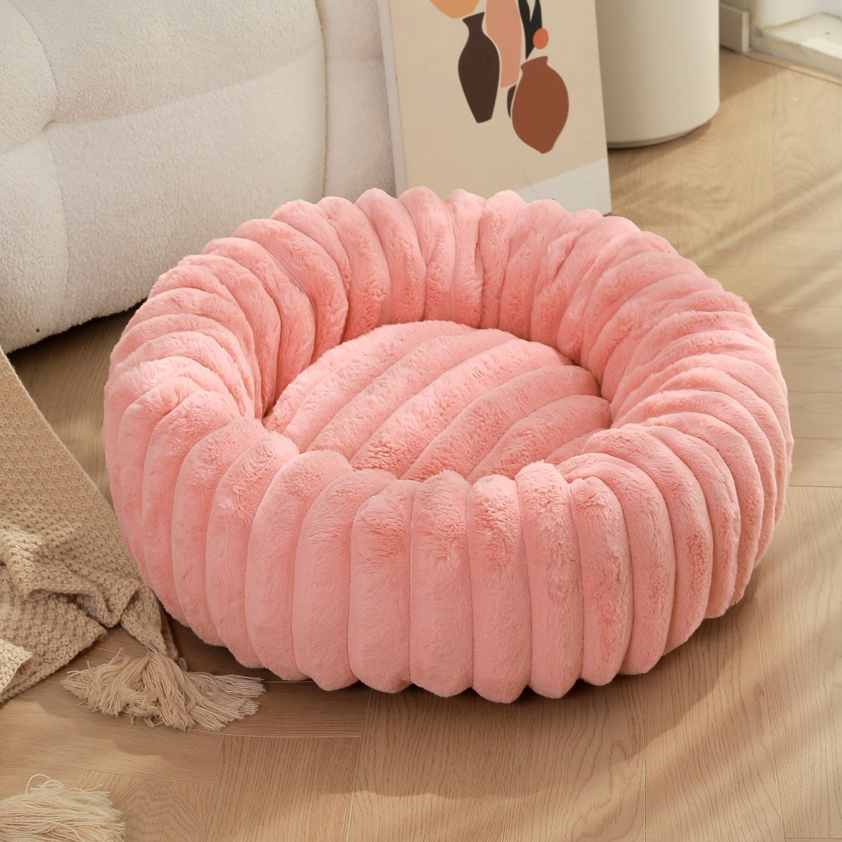 PetzCloud Fluted Velvet Donut Pet Bed | Ribbed Calming Nest