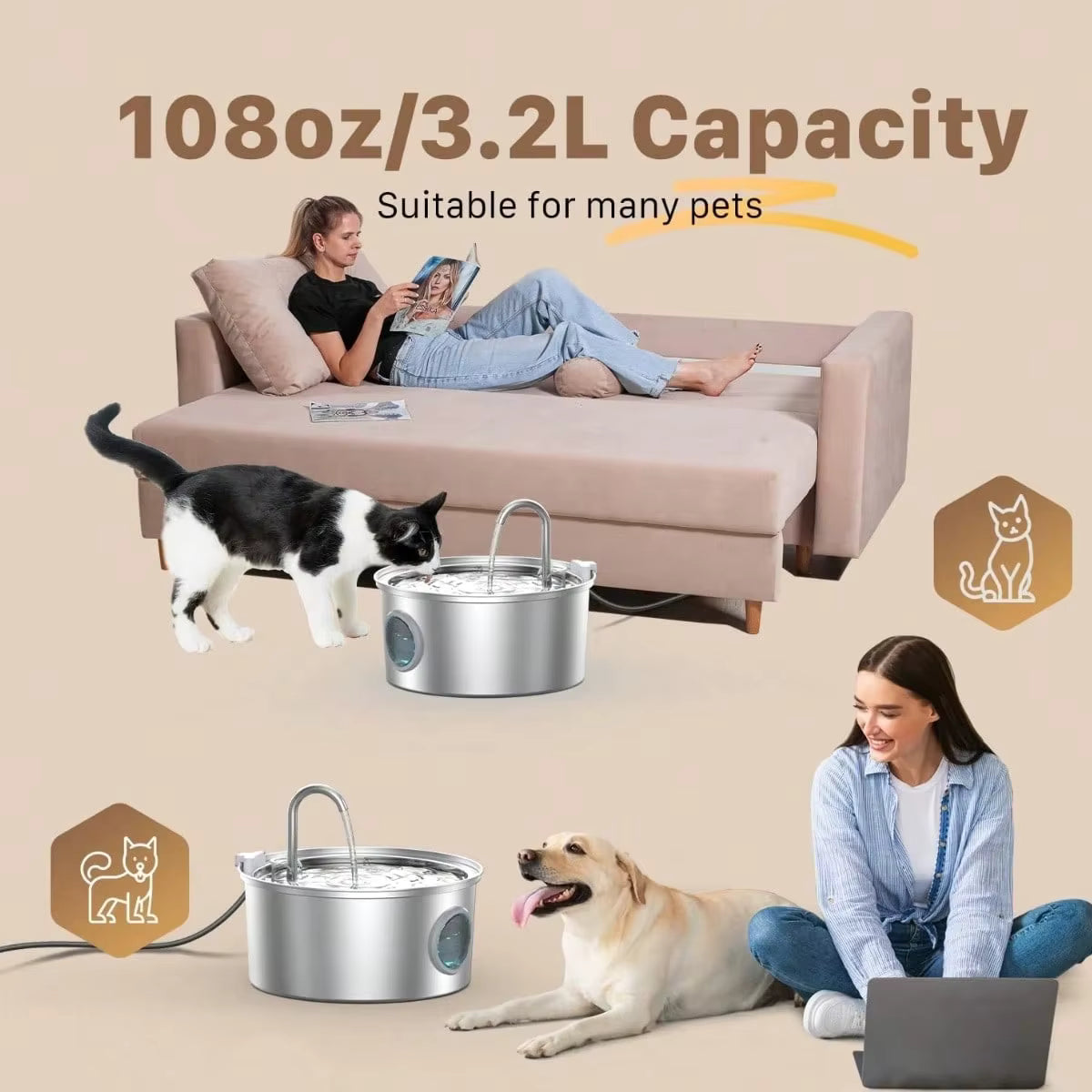 PureFlow Stainless Steel Pet Water Fountain – 3.2L Ultra-Quiet Dispenser