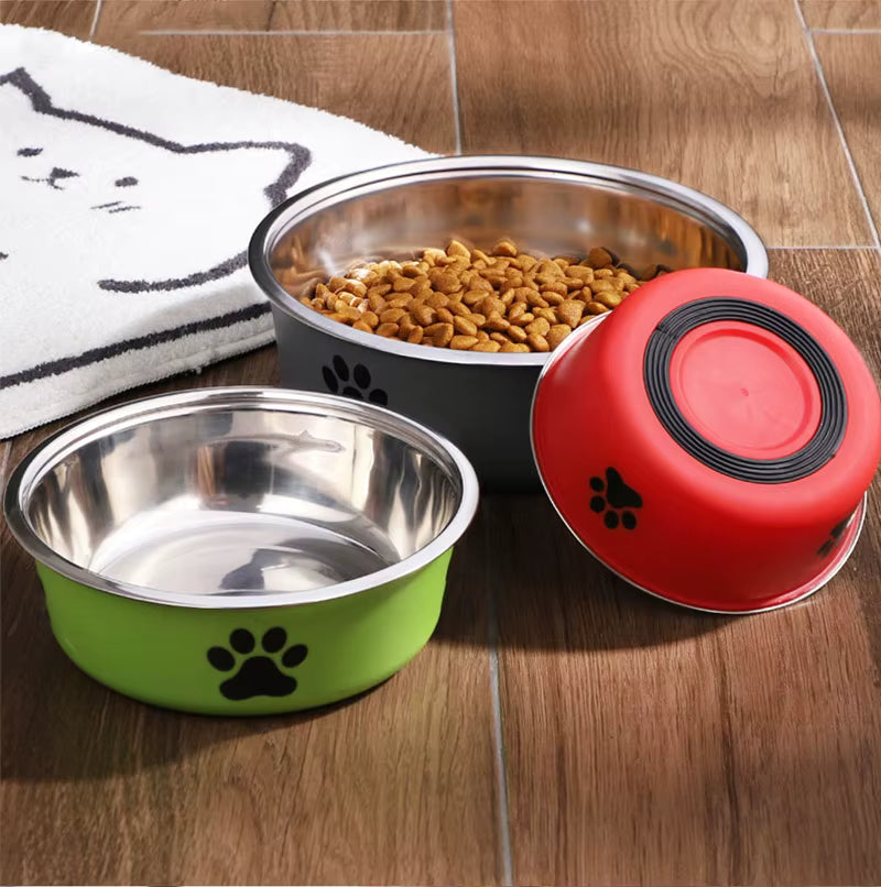 Non-Slip Stainless Steel Paw Print Pet Bowl
