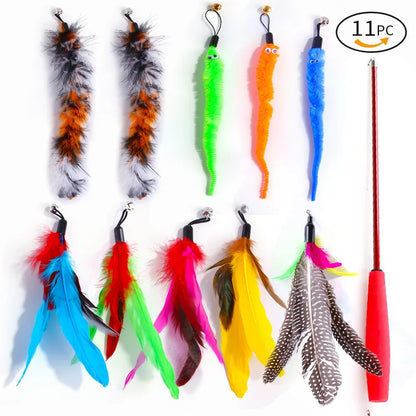 Retractable Pet Cat Caterpillar Feather Replacement Head Toy Set Funny Cat Stick Fishing Rod Cat Toys Interactive Pet Products