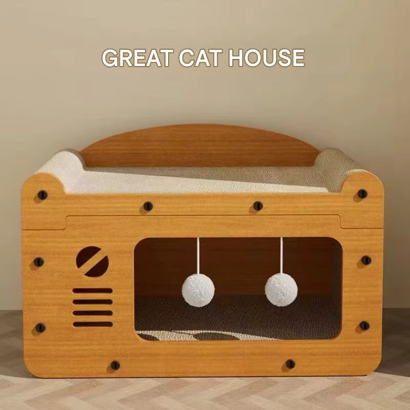 Retro TV Wooden Cat House & Scratching Lounge