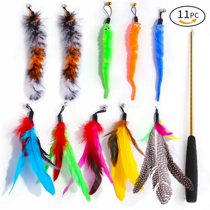 Retractable Pet Cat Caterpillar Feather Replacement Head Toy Set Funny Cat Stick Fishing Rod Cat Toys Interactive Pet Products