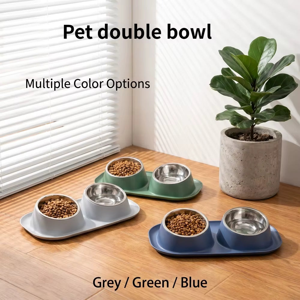 Double Stainless Steel Pet Bowl Set with Anti-Spill Tray