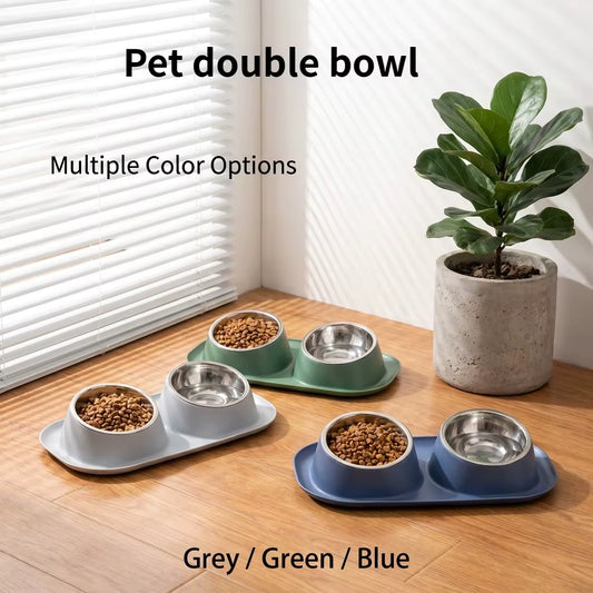 Double Stainless Steel Pet Bowl Set with Anti-Spill Tray