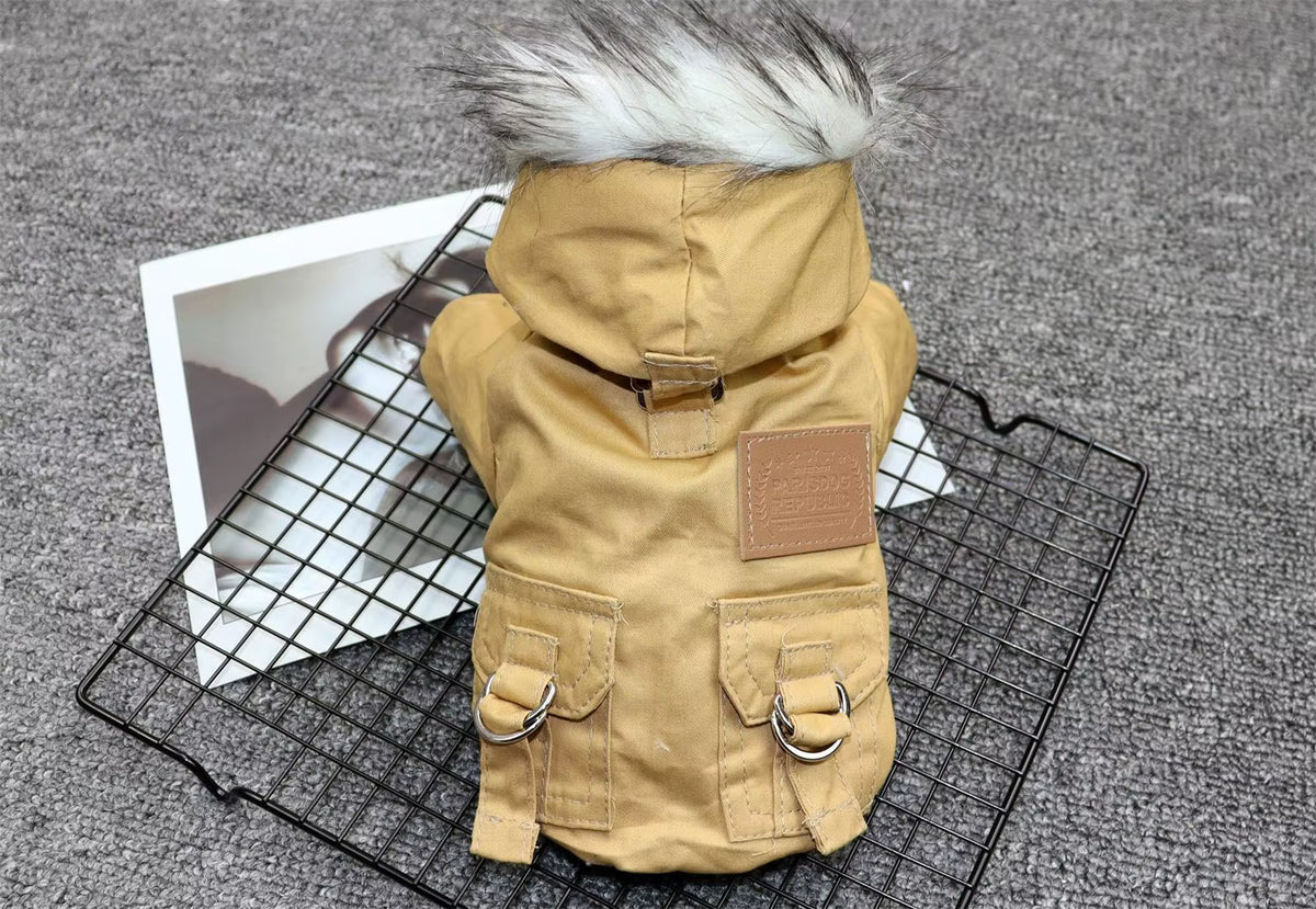 Cargo Winter Dog Jacket with Fur Hood