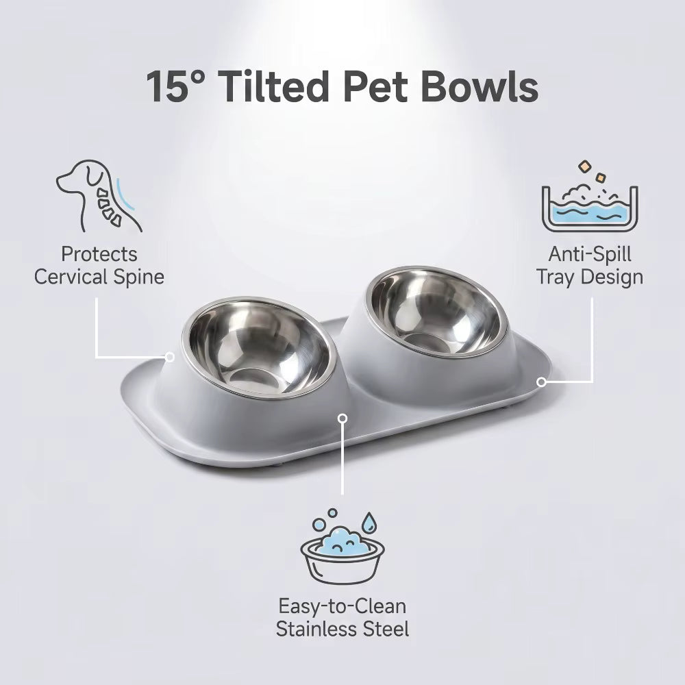Double Stainless Steel Pet Bowl Set with Anti-Spill Tray