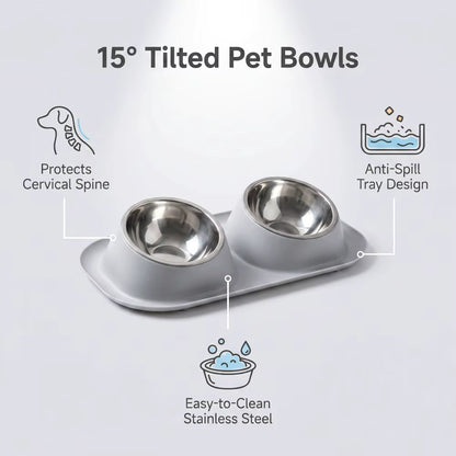 Double Stainless Steel Pet Bowl Set with Anti-Spill Tray