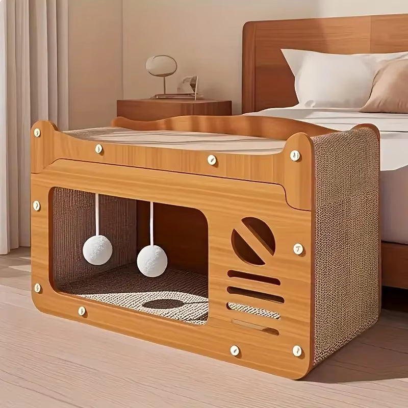 Retro TV Wooden Cat House & Scratching Lounge