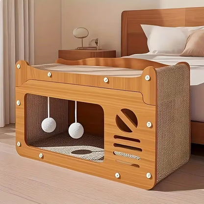 Retro TV Wooden Cat House & Scratching Lounge