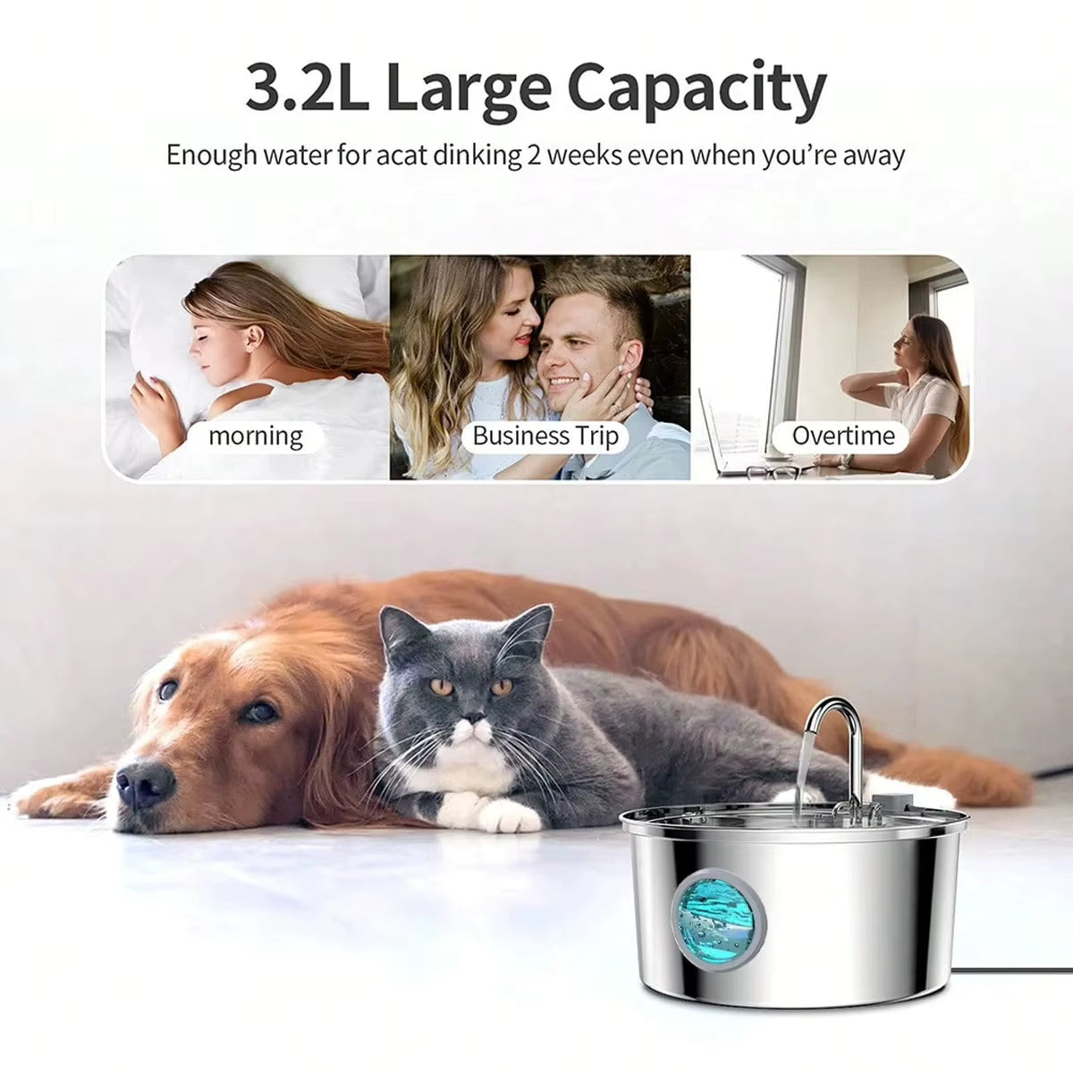 PureFlow Stainless Steel Pet Water Fountain – 3.2L Ultra-Quiet Dispenser