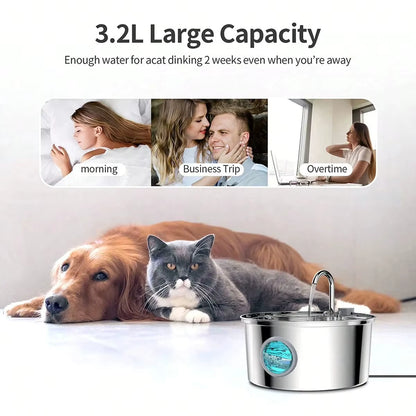 PureFlow Stainless Steel Pet Water Fountain – 3.2L Ultra-Quiet Dispenser